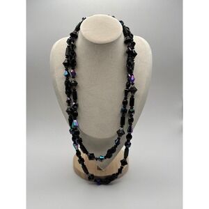 VTG Judy-Lee Signed Black Glass AB Necklace Faceted Crystal Beads Collector